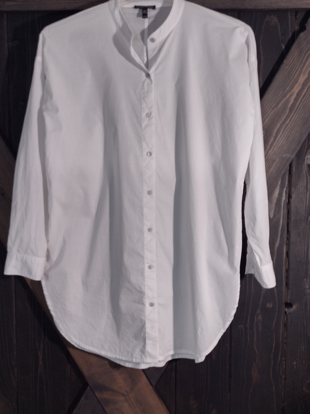 Eileen Fisher White Button-Down Tunic Shirt Mandarin Collar Organic Cotton